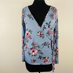 SUZY sheer blouse Faux wrap top floral long sleeves comfy stretchy